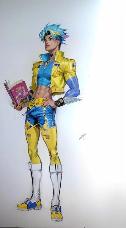 a drawing of a man in yellow and blue clothes holding a book, 90s comic book character design, posing like a jojo character, Joseph Joestar, jjba, comic book character, comic character, colourful drawing, inspired noCHAMBA, jojo anime style, inspired by Fra Bartolomeo, colourful drawing, space dandy anime dandy, full body concept