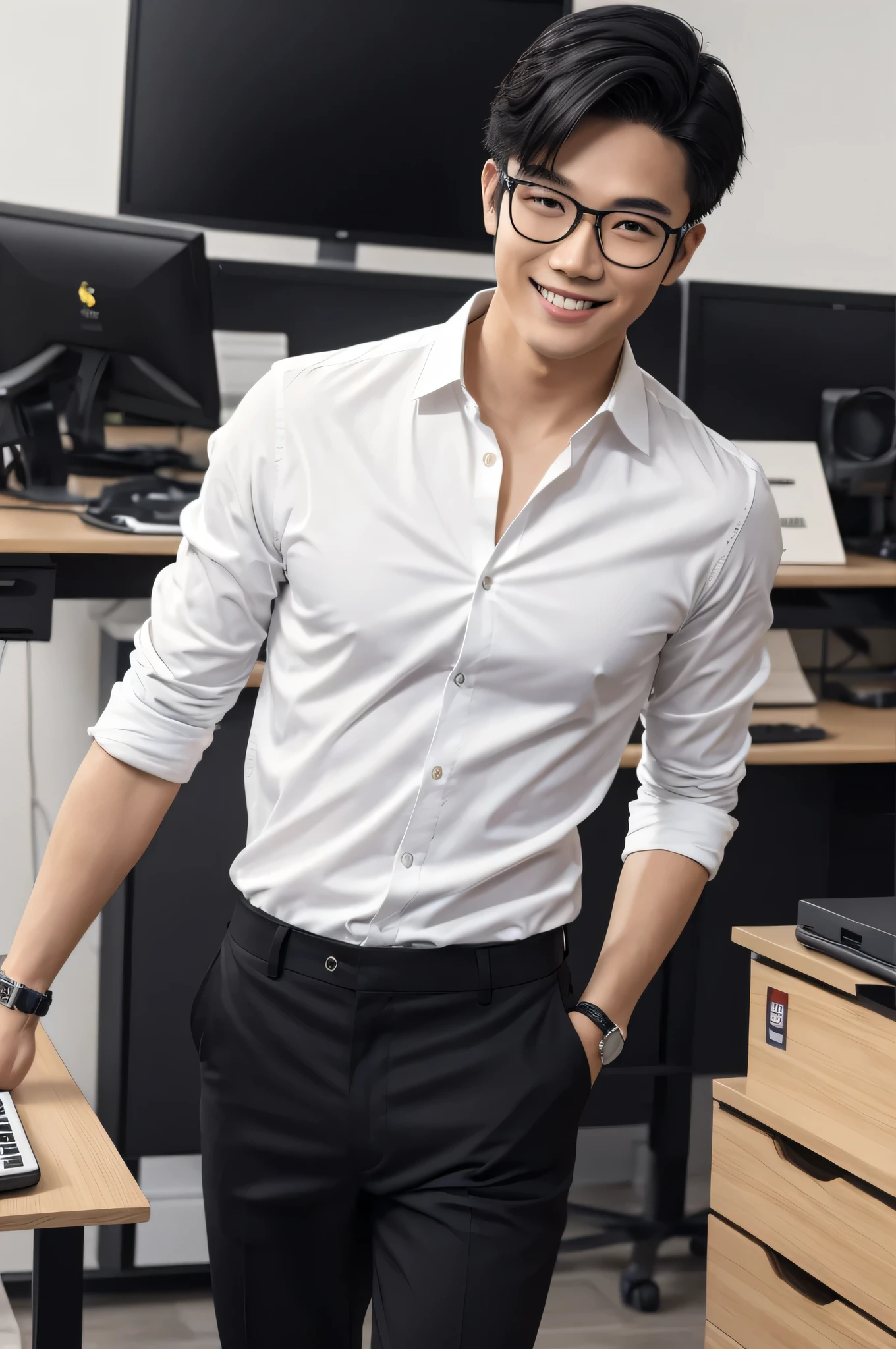 Head-to-toe image of a handsome, 18-year-old Asian man, black hair, light smile, wearing glasses, wearing a white shirt, black pants, and black leather shoes, standing on the floor with a work desk in an office, depth of field, cinematic lighting, wide shot, Ultra-Wide Angle, masterpiece, anatomically correct, ccurate, textured skin, high details, best quality, Realism, 4K