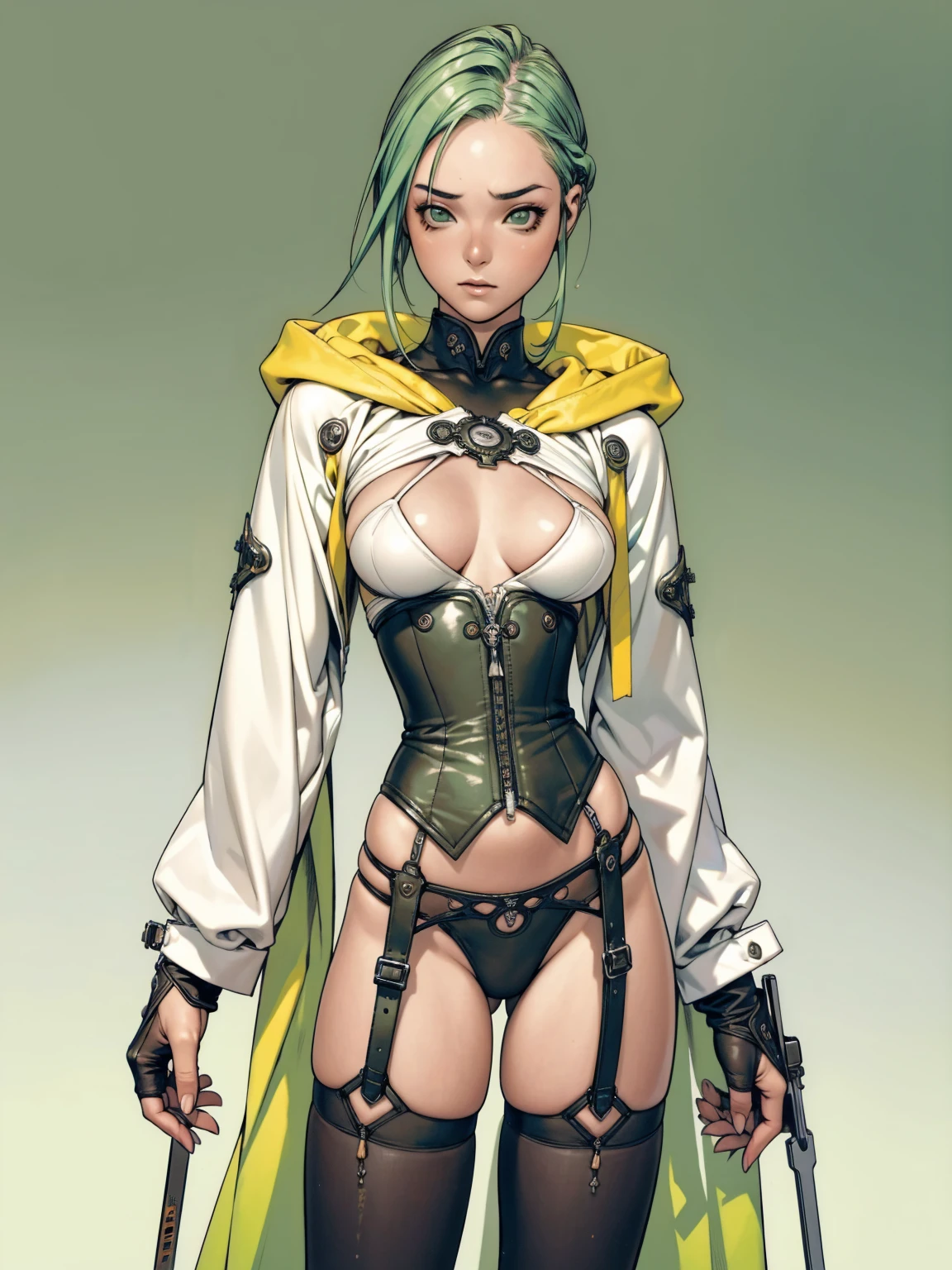 (((Warrior))), (((90% light green SUIT))), (((Yellow stars))), (((garter belt and corset))), (((long hair on one side and shaved on the other))), (((punk colored hair))), ((hooded cloak)), (((best qualityer: 1.4))), (Unbeatable masterpiece), (hiper HD),(CG 8k hyper-realistic), (((half cut hair style))), ((( big))), (((hyper feminine))), sexly g, Tron,((super short white hair)), ((( sculptural body ))), (((1 girl))), garota cibernética de 25 anos com pectbody,,Beautiful and well-groomed face,muscular body:1.2,gradient color detailed jacket, (Head to thigh photos), Complex equipment, green dark,Long pants, (((standing alone))), pirralha violent, (((14歳))), sexlyose de aude, work of art, post-apocalypse, (((manga style))), bounty hunter, violent, Manic, the way you want, slenderbody, thin but strong, perfectbody, roupa moderna, advanced technology, neon, sleeves with vertical striped pattern, neutral background, (( cowboy shot )). intricate visual