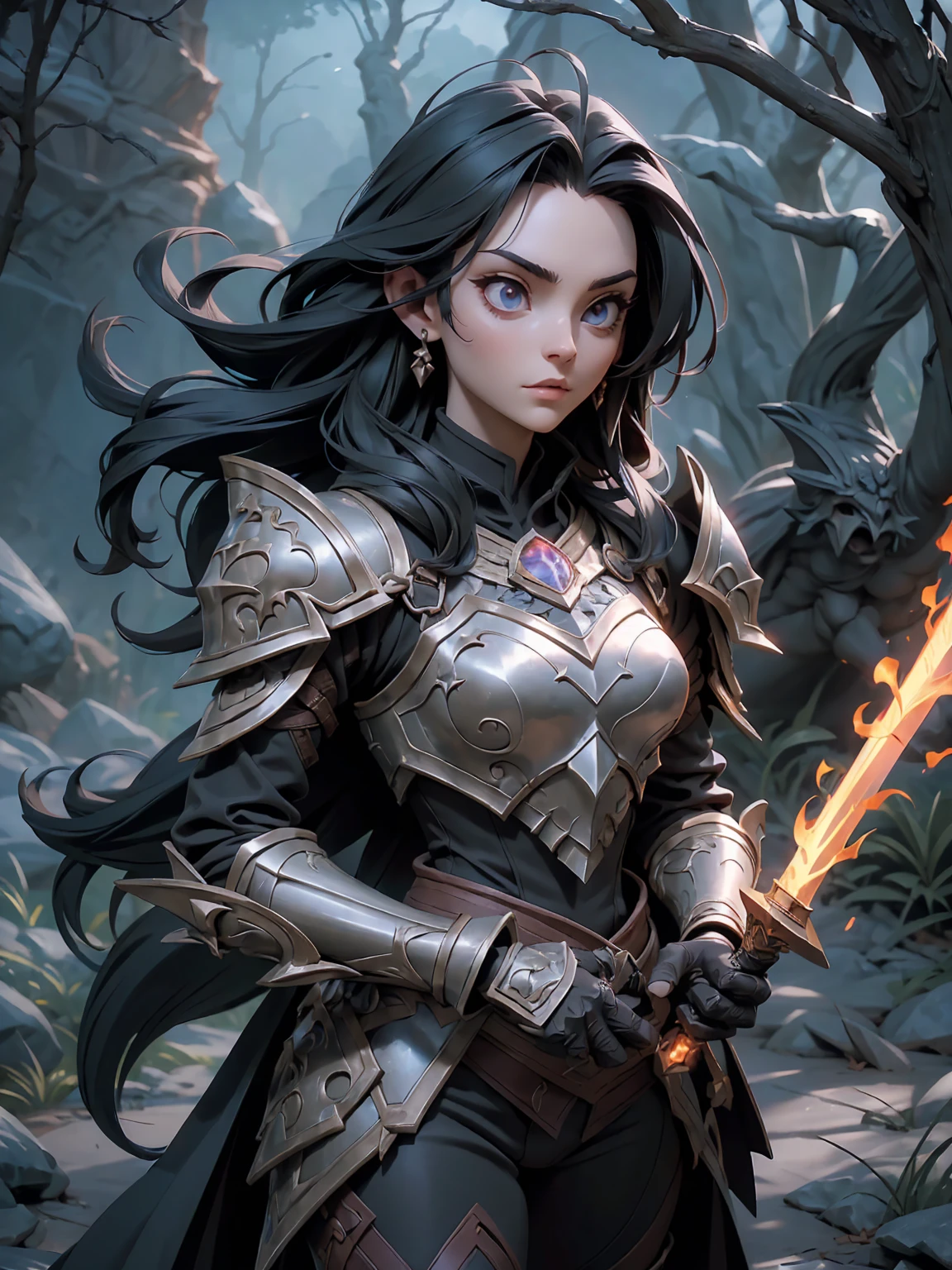 (((masterpiece, best quality, high detailed, 8k))) A breathtakingly beautiful warrior with long, flowing black hair and intense red eyes, wearing a magnificent black dragon armor. The armor is intricately detailed, featuring a dragon's head on one shoulder pauldron, scales, and claw motifs throughout. She wields a highly detailed, flaming sword. The scene is set in a cinematic fantasy environment with dramatic lighting. The atmosphere is filled with a mystical haze, illuminated by the glow of the flaming sword and ambient light reflecting off the armor's details. The ground is reflective, creating a mirrored effect that adds to the surreal, otherworldly ambiance. The background features ancient ruins partially engulfed in shadows, enhancing the sense of epic fantasy. Every element, from the warrior's armor to the environment, is rendered with extreme image quality and attention to detail.