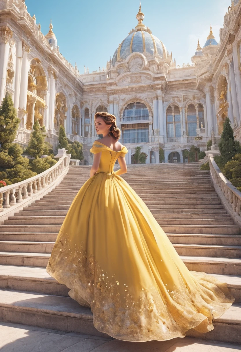 Animation, (1 girl: 1.3, Belle from Beauty and the Beast_Beautiful appearance, Delicate dress description: 1.3), Body made of light, Close-up upper body view from the front angle, Best quality, Highly detailed photo, Best quality, Ultra high resolution, Sunlight, Full body portrait, Delicate face, Lively delicate eyes, (Front), Fluorescent white and gold, Detailed face, Detailed complex background standing on the steps of the magnificent palace, Very cool, 8K Ultra HD, SLR camera, High quality, White skin, Photorealism, Transparent light particles,