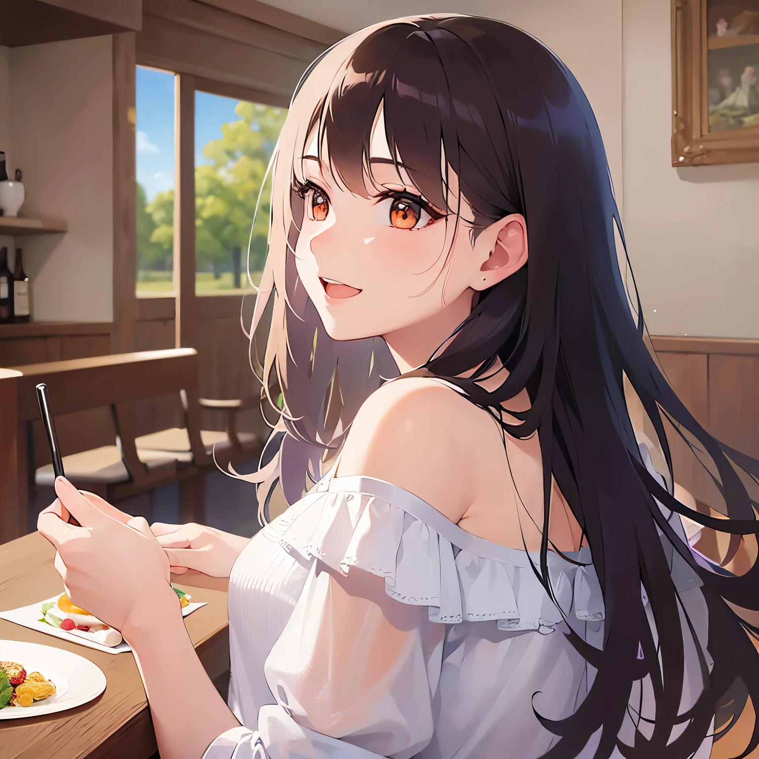 side angle,(looking away:1.5),profile,Detailed CG,Ultra-fine illustrations,masterpiece,Highest quality,BREAK(white:1.5)and(Off-the-shoulder blouse)BREAK,Realistic,Real person,RAW Photos,Realistic(青whiteい肌:1.2),Glowing Skin,Shiny Hair,(A 27-year-old woman with medium-length hair and bangs)and(Wavy Hair)and(Brown Hair)and(Orange eyes),(smile:1.3),(open mouth),The dining room in the background,alone