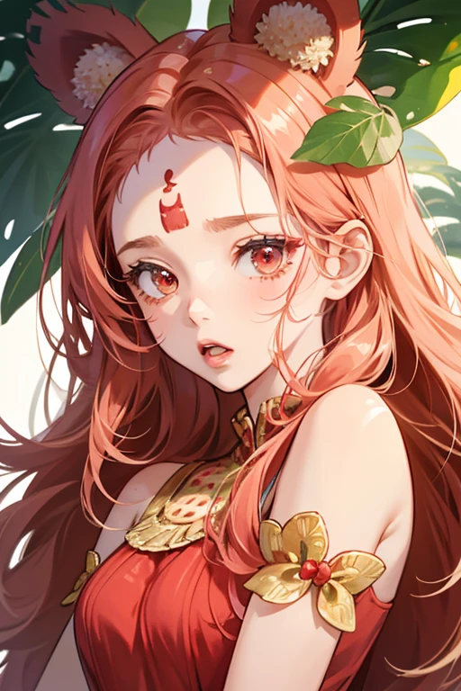 A strawberry Num with GIRL bear ears, a squinting eye and a wide opened mouth. Her body color is coral to closely match the Strawberry color. She has gold seeds scattered over her forehead, and she has strawberry leaves on her head adorned with a bow matching the color of it. SPARKLE; GLITTER