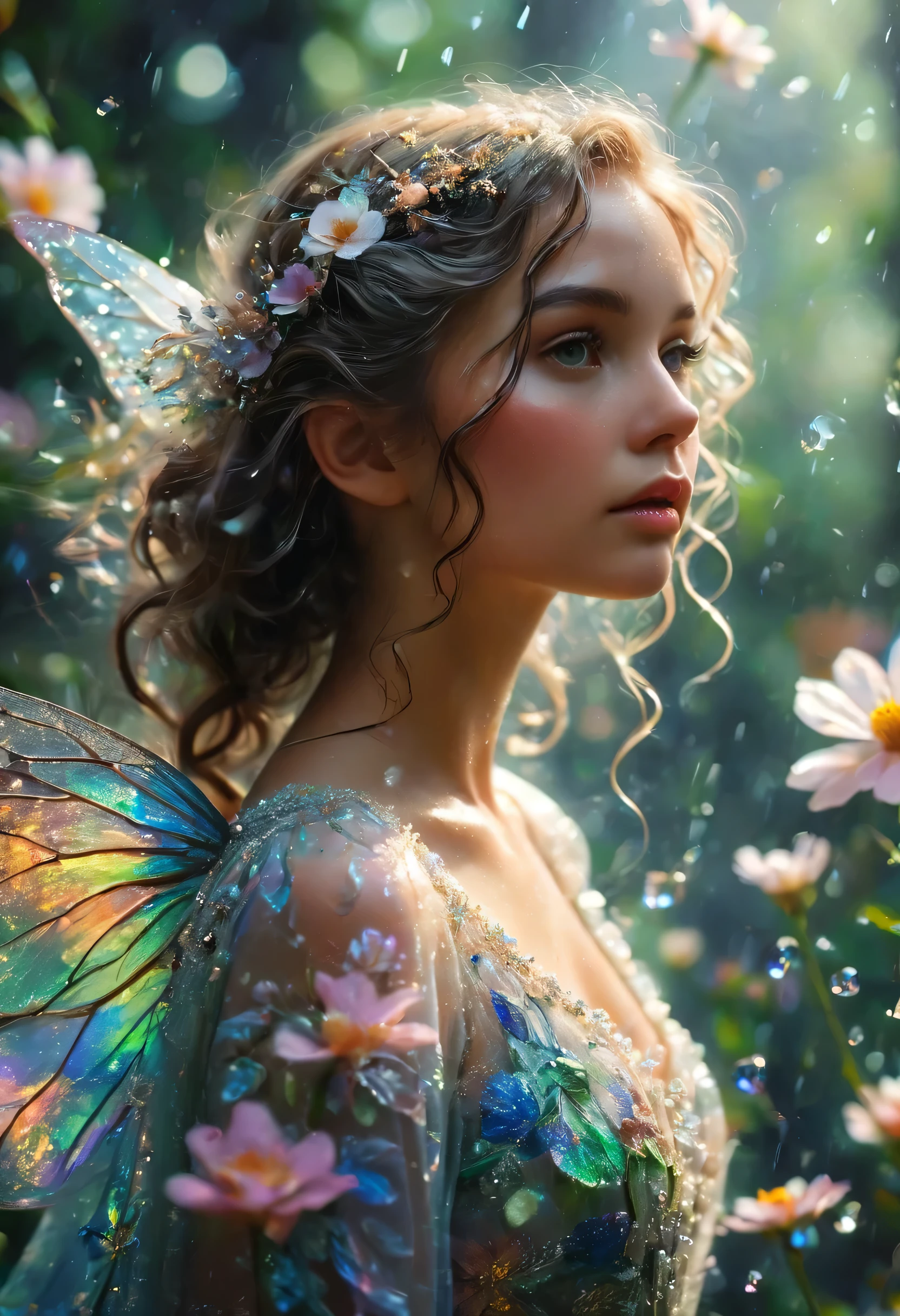 Delicate portrait, enchanted forest background, dynamic pose, Anna Dittmann style, ethereal spirit of a beautiful little fairy, amidst the rain, drops on her face, large iridescent and transparent wings, (((her skin is a delicate greenish black and white) )), in a transparent white floral dress, gracefully adorned with the essence of blooming flowers embroidered in silver threads. Short messy light brown curly hair, wild flowers in the hair, in a perfect body from the knee up, intertwined with delicate floral details that reflect the surrounding flowers. Her crystal clear, clear and detailed honey eyes, a touch of magic and mystery, pastel colors, intricate details, fairy tale.