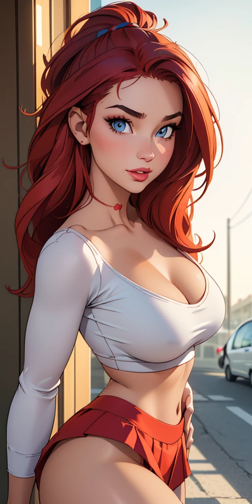 masterpiece), (portrait), medium breasts (aesthetics), ((28 year old girl with tattoo skin)), ((long, straight hair parted)), ((pretty, natural red punk hair)), thin eyes and open, blue eyes, round breasts, feminine, woman, feminine features, high quality, aesthetic clothing, professional angle, (rule of thirds), feminine features, solo, (attractive Korean woman), summer, (ink fog), (afternoon), (vibrant light),  posture, ((face looking forward)), red cropped top, long sleeve, long hip hop top, beautiful stylish black fluffy skirt ((Energy)), (Bold makeup), (Average breasts), Tanned skin, (Clothes with Hop hip details), (Cropped top), (Beautiful neckline), beautiful body, beautiful eyes, bright eyes,  smile, beautiful mouth, beautiful lips, (best quality, ultra detailed, photorealistic: 1.39 ), bright and vibrant colors, studio lighting, romantic expression, , , street near the beach, slightly inclined pose of cute girl