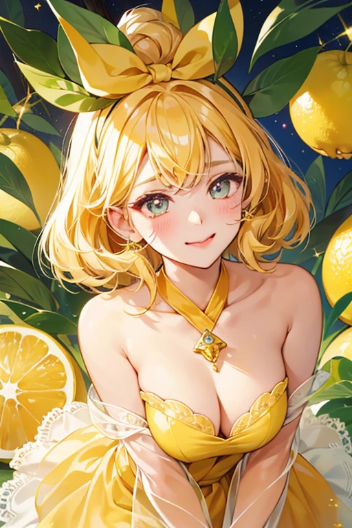 Cyrus Citrus is a lemon GIRL bear Num with squinting eyes, blushed cheeks and hER tongue sticking out. SHe has a smooth and shiny body with a stem and a leaf adorning it.  SPARKLE; GLITTER