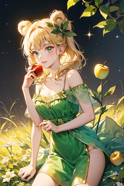 An apple bear with basic face. She has a glittering gold texture and a green stem and leaf. SPARKLE; GLITTER