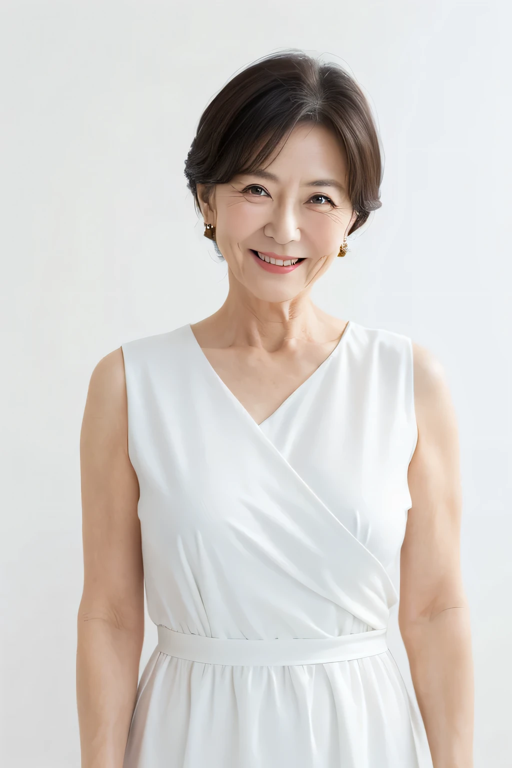 older mature woman, pure white background, Looking straight ahead, Very realistic, japanese mature woman, Smiling slightly. wearing a white dress.