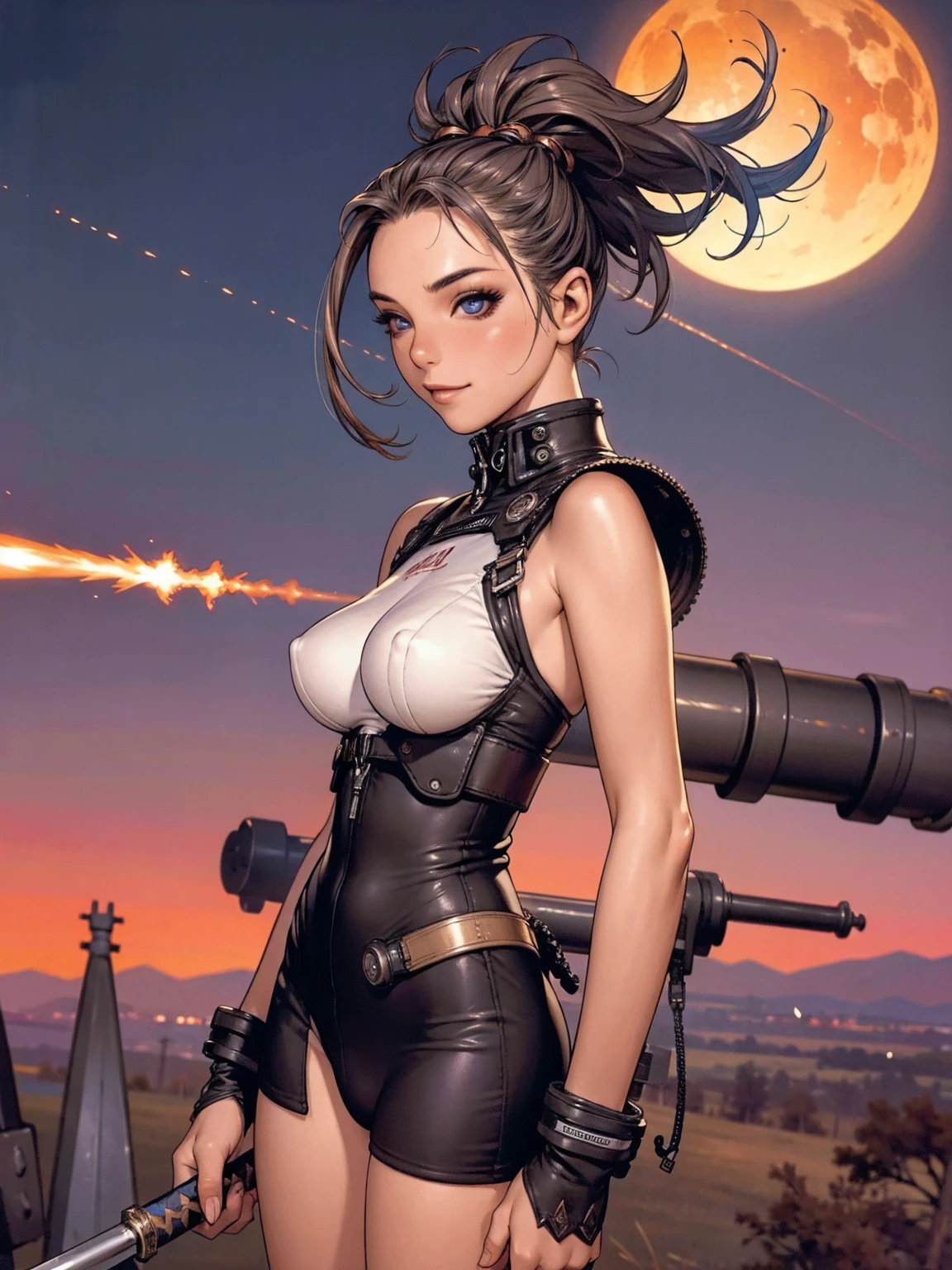 (((DuneWalker))), Super detailed illustration of a scene in the Bakersfield desert where the Wasteland Weekend festival takes place, an alone girl walks among the wreckage of a post-apocalyptic civilization, She wears Mad Max style clothes, your face is beautiful, your hair is a punk hairstyle, full of attitude and a sarcastic smile, she wears goggles on her forehead, (((Tank Girl))), ((( girl))), (((best qualityer: 1.4))), (((mohawk haircut))), (Unbeatable masterpiece), (hiper HD), (CG 8k hiper-realisitic), (((breasts big))), (((hyper feminine))), sexy girl, (mohawk hair), ((( hard body ))), (((1 girl))), (((cowboy shot))), Face ultra detailed,hair ultra long,ultra detailed hair,ultra-detailed hair strands,footbridge,walking the streets,natta,starry sky,Ultra detailed lips,Red lips(best qualityer, 4K, high resolution, realisitic: 1.37), swirly vibrant colors, energetic atmosphere, dynamic movement, Dazzling Background, soft lighting, vivid expressions, Glossy lips, elegant outfit, athletic body, perfect skin, fierce determination, action-packed scene, powerful presence, radiating confidence, professional photograpy, attractive composition, Stunning art, sharp katana, precision movements, funny posture, accurate detail, intricate patterns, intense focus, captivating personality, charming smile, bold contrasts, captivating stare, illuminated by streetlights, urban environment, busy cityscape, cinematic flair, dramatic shadows, vibrant city lights.Cheerleader, fluffy woman, holding a katana, great smile, Expressive, simple nattascape, confident grin, Face ultra detailed, best qualityer, perfect blue eyes, glare eyes, long eyelashes, sharp looking eyes