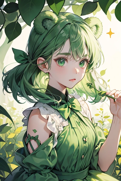 A dark green pea pod Num with GIRL bear ears and basic face. She is shaped like a cone with softened edges with space inside to fit Pea & Pod Erase-It. She has two light green leaf attached to her bow. SPARKLE; GLITTER