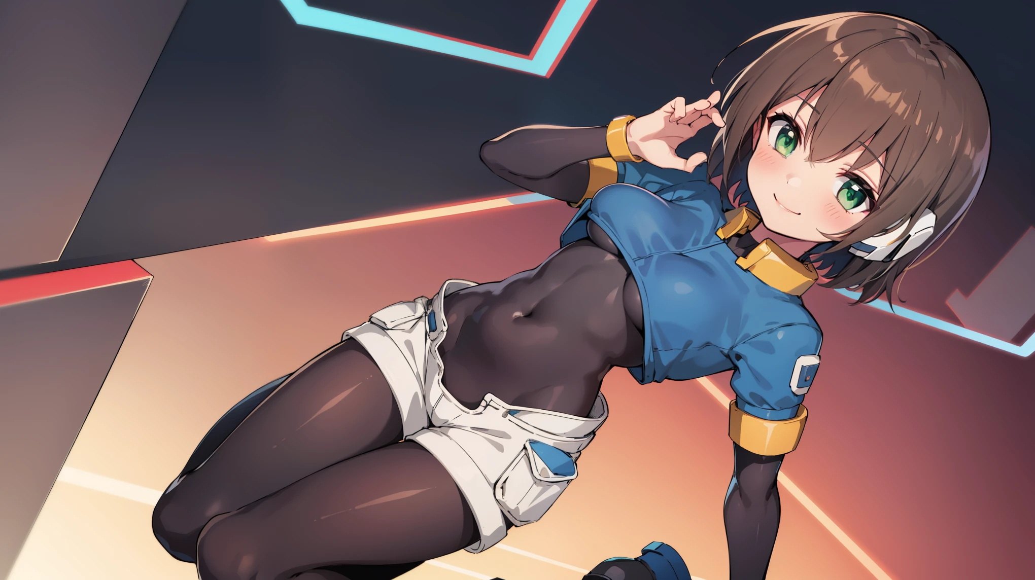 aile_megamanzx, kneeling with one hand on the ground and the other arm raised, 1girl, solo, short hair, brown hair, short sleeves, (bodysuit), robot ears, green eyes, very_short_shorts, short sleeves, short over long sleeves, smile, in futuristic city, , high quality, medium_breasts,crotch, slouch,groin