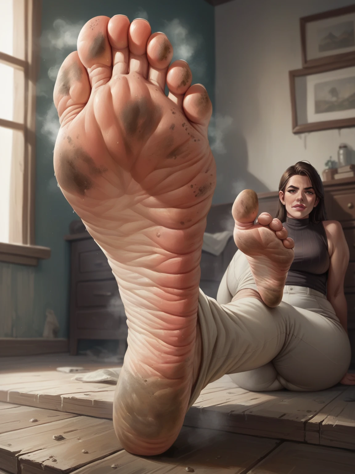A foot, soles, dirty foot, dirty soles, stinky foot, closeup-view on foot. House background. Masterpiece, UHD