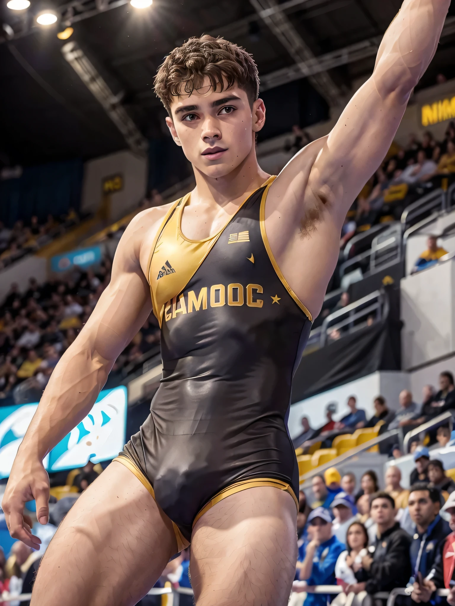 (1boy, photorealistic:1.4, ultra realistic, masterpiece:1.2, best quality, 4k), young olympic male gymnast, parallel bars, gymnastics, slim athletic body build, wrestling singlet, wearing men's gymnastic bodysuit, vpl, action poses, the crowd cheers, detailed faces, ultra realistic skin, Olympic Games, shot on Nikon d850 50mm, dlsr, RAW, cinematic lighting, 3 point lighting, flash with soft box