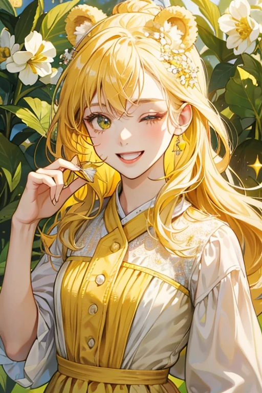 Carrie Corn is a  yellow corn cob with GIRL bear ears. She has squinting shut eyes and a smiling, opened mouth. She has three, light green leaves with a blossom on the side on the top of her head  SPARKLE; GLITTER
