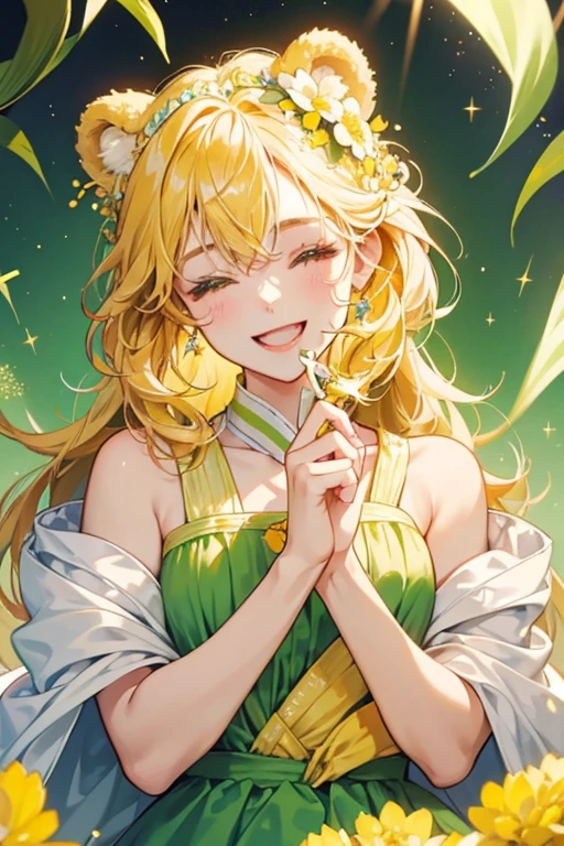 Carrie Corn is a yellow corn cob with GIRL bear ears. She has squinting shut eyes and a smiling, opened mouth. She has three, light green leaves with a blossom on the side on the top of her head SPARKLE; GLITTER
