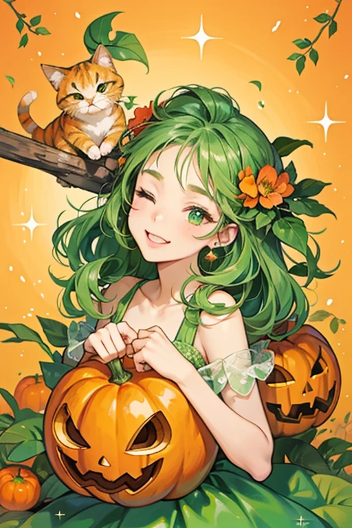 An orange pumpkin GIRL cat with her mouth opened and one eye shut. She has a green vine with part of it curled down like hair and held by a bow.  SPARKLE; GLITTER