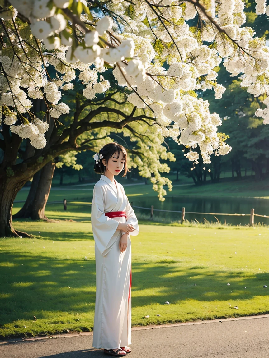 Standing under a willow tree in the middle of the night。A fragile beautiful woman in a white kimono。