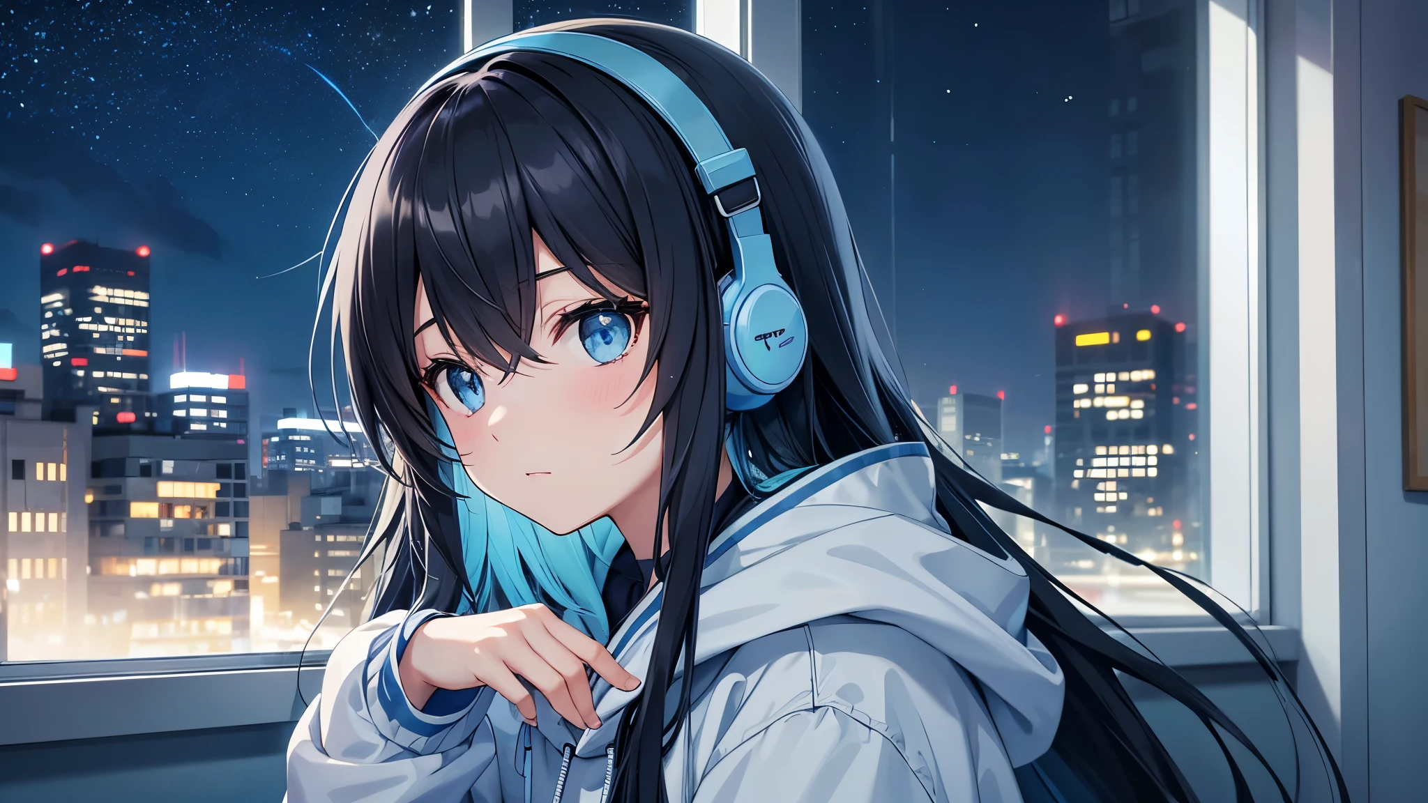 A young girl with long, mixed black and blown hair wearing a light blue hoodie

She's wearing light blue headphones labeled "Lo-Fi"

The girl is shown in profile, gazing out of a window with a calm, contemplative expression

Background depicts a night cityscape with distant city lights

A starry sky with a few clouds visible

The girl is seated near a window, with the window frame visible at the edge of the image

Detailed anime-style rendering, with careful attention to individual hair strands, eye reflections, and fabric creases

Overall color scheme should have a blue-tinted night atmosphere, suitable for Lo-Fi music

Pay special attention to lighting and shadows to emphasize the nighttime mood
