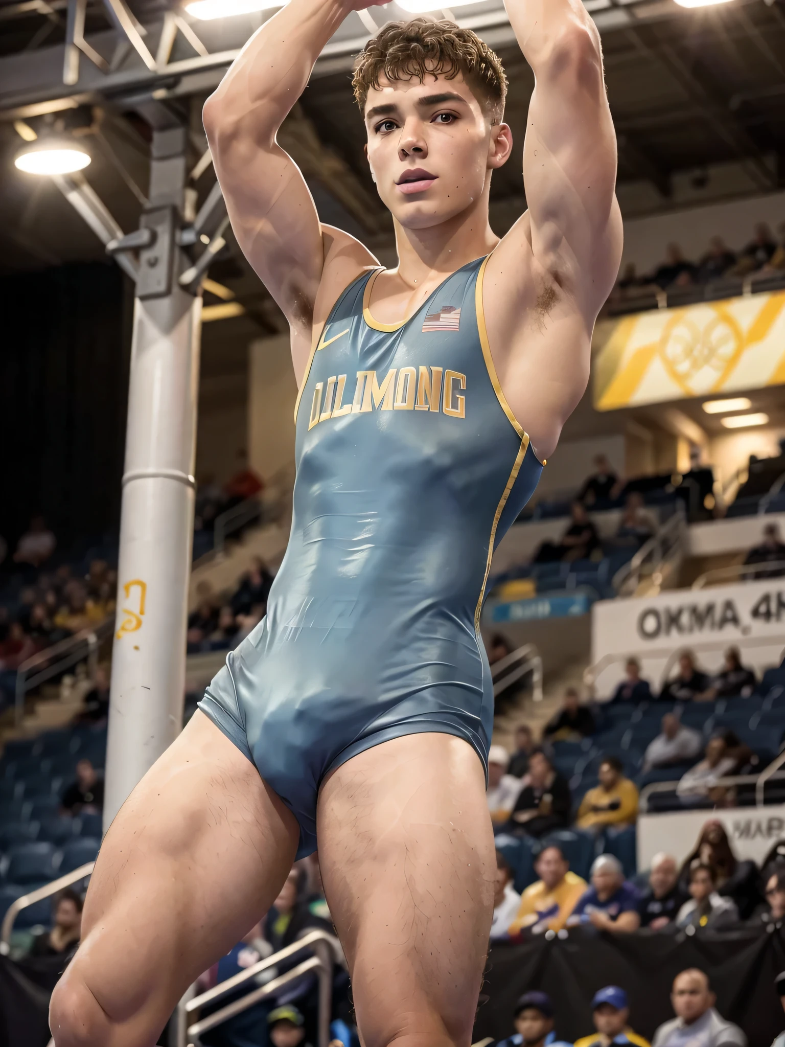 (1boy, photorealistic:1.4, ultra realistic, masterpiece:1.2, best quality, 4k), young olympic male gymnast, parallel bars event, gymnastics, slim athletic body build, wrestling singlet, wearing a men's gymnastic uniform, bodysuit, vpl, action poses, the crowd cheers, detailed faces, ultra realistic skin, Olympic Games, shot on Nikon d850 50mm, dlsr, RAW, cinematic lighting, 3 point lighting, flash with soft box