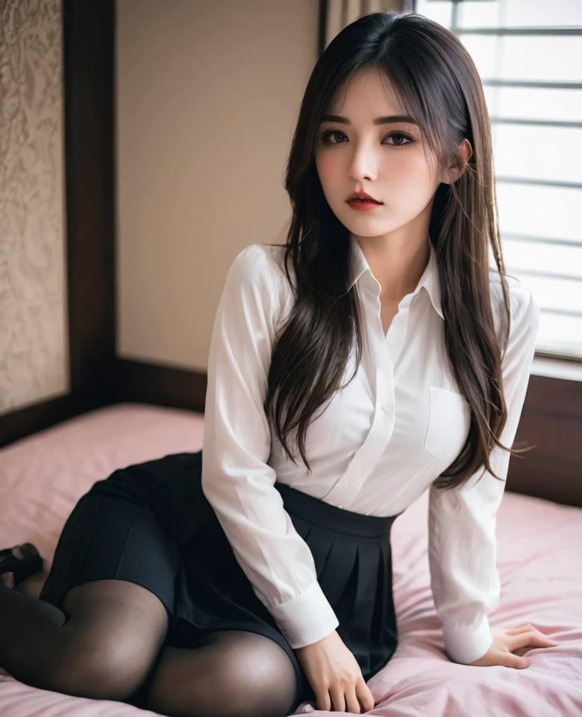 expensive Long Hair glamorous masochist、Bedroom、Sitting on the bed in a submissive pose