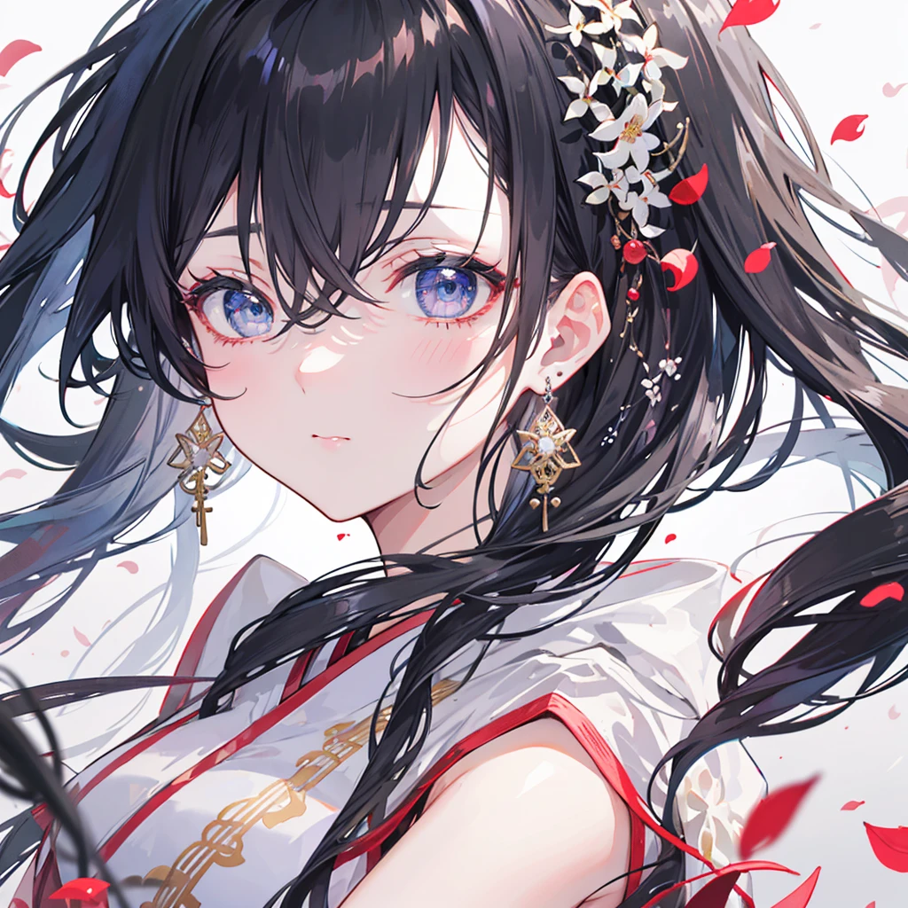 Mature Girls , Black Hair, Floating Hair, Sensitive and intelligent eyes, Hanfu with intricate damask patterns, Gorgeous Accessories, Wear pearl earrings, Fob, 1 1 1.8, masterpiece, Complex Scenes, Petals fluttering, Frontal portrait shot, Chang'e 2