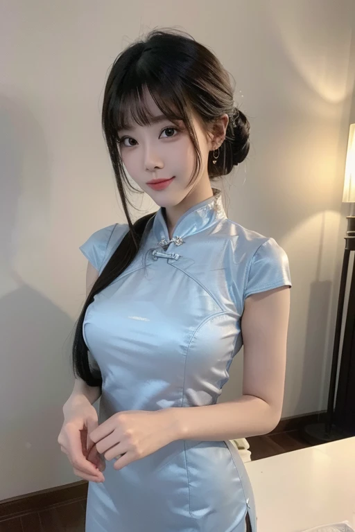 ((masterpiece、best quality))、shape、super detailed、8k、actual、sharp focus、Very detailed、professional lighting、spotlight、Colorful details、Detailed texture,A stunningly beautiful girl,Wearing a transparent cheongsam,(most suitable hairstyle:1.4)、(in the most helpful way:1.3)、(Half-length photo:1.4)、、perfect style、Body、18 years old、Smile、armpit