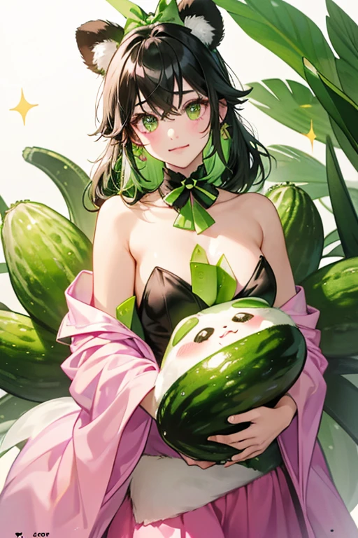 A cucumber GIRL panda with solid green markings on her muzzle and eyes. Sliced cucumber make her ears, while a curled strand of cucumber peel rests above her hot pink bow. SPARKLE; GLITTER