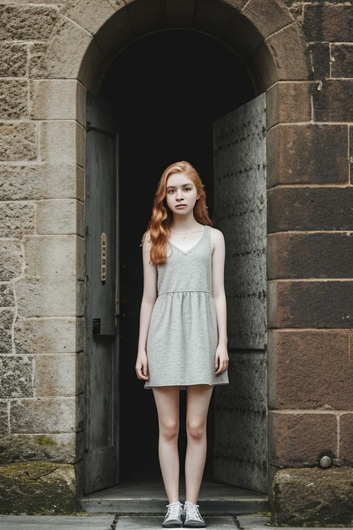 1 girl in, 19 years old, standing alone, aesthetic art, Irish, strawberry blonde wavy hair, hair to the shoulders, Chifres Pequenos, grey-eyed, light grey-eyed, some small freckles, pale skin, Runner's body, demon tail, ( texturized skin, skin pore:1.1), shiver, wearing a red see-through nightgown with nothing underneath, Well good, exposed tits, pose sexy