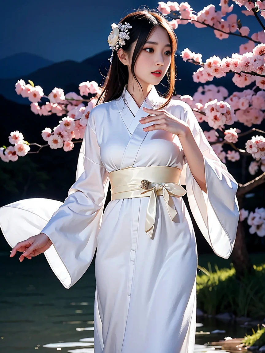 Standing in the middle of the night。A fragile beautiful woman in a white kimono。