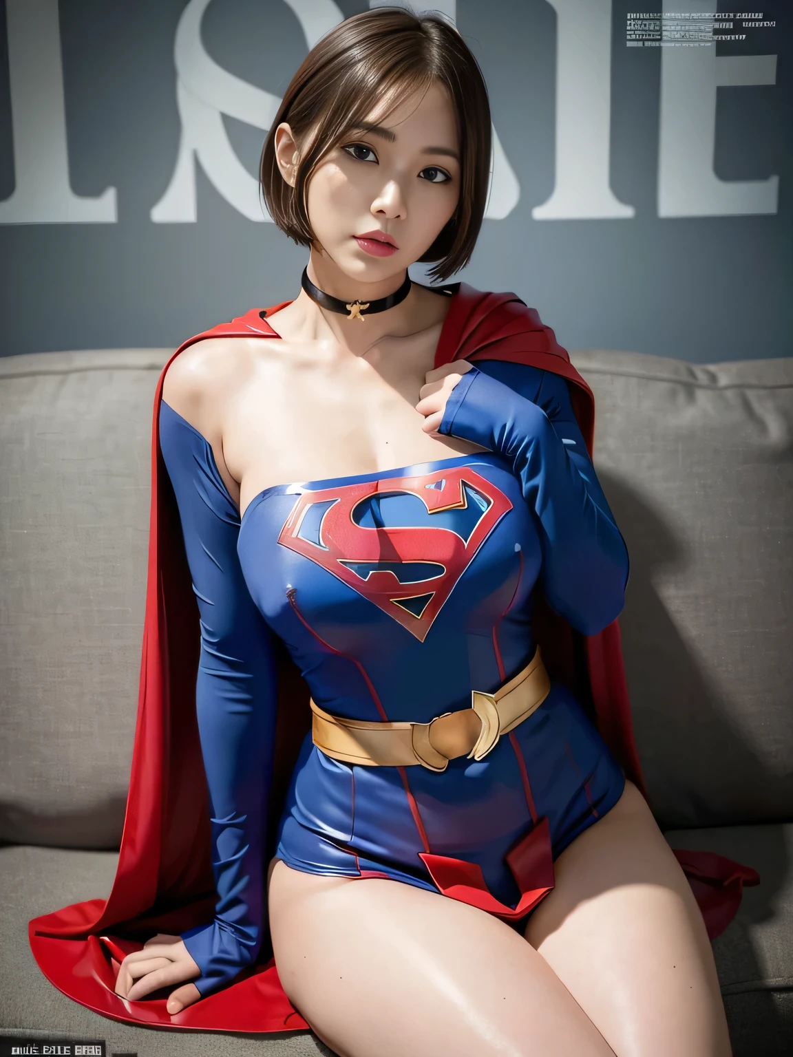 masterpiece、Rubber Supergirl Costume、short hair、Rubber Long Boots、Big and ample breasts、looking at the camera、choker、Long sleeve、Cape、mini skirt、Off the shoulder、Sweaty skin、Hospital room、Photo magazine cover、Sexy cross-legged、Boasting beautiful legs、Knee-length boots、wallpaper for pc、