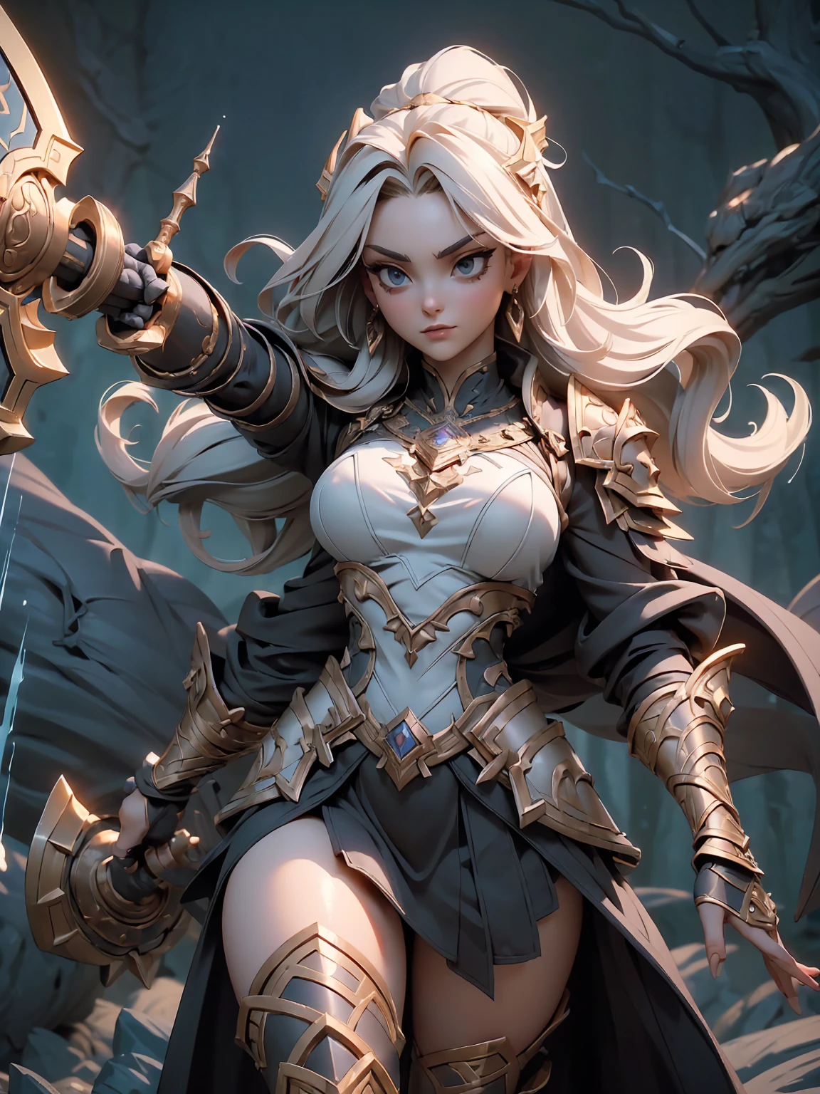(((masterpiece, best quality, high detailed, 8k)))Build and Presence The goddess is imposing and physically powerful, with a towering stature and a formidable presence is typically seen in dark, ornate armor that signifies her high status and role as an Accuser. her primary weapon is the Cosmi-Rod, a powerful hammer capable of immense destruction.