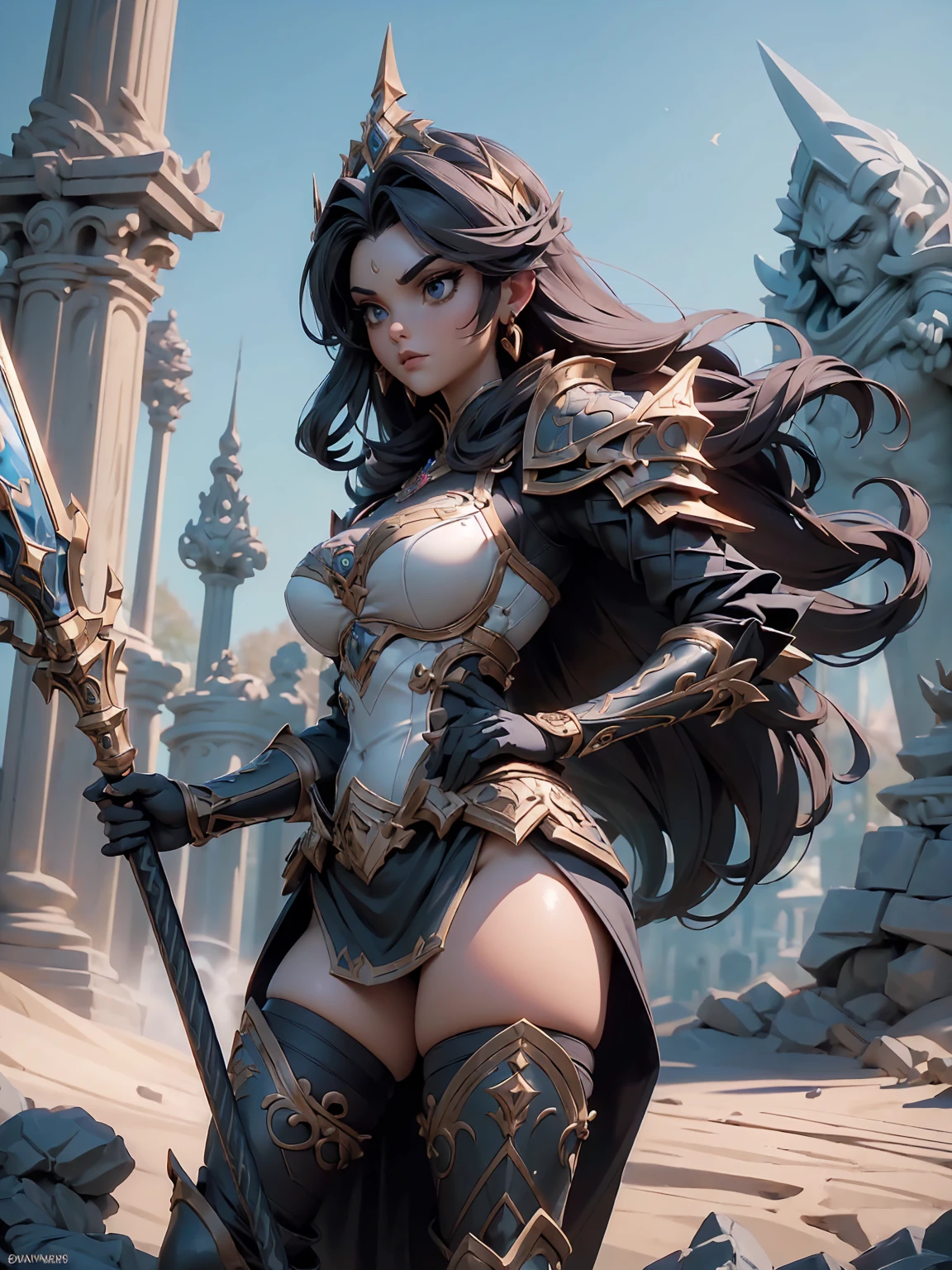 (((masterpiece, best quality, high detailed, 8k)))Build and Presence The goddess is imposing and physically powerful, with a towering stature and a formidable presence is typically seen in dark, ornate armor that signifies her high status and role as an Accuser. her primary weapon is the Cosmi-Rod, a powerful hammer capable of immense destruction.