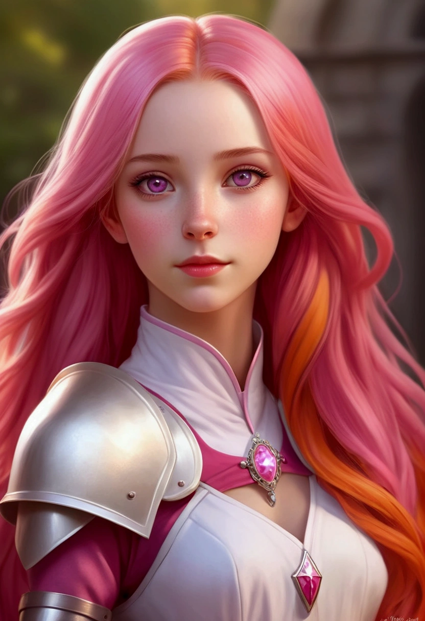 Adorable and innocent face, fair skin, (long pink hair), magenta eyes, slender European young lesbian woman, pink, white, and orange colored princess knight themed outfit, anatomically correct, realistic proportions