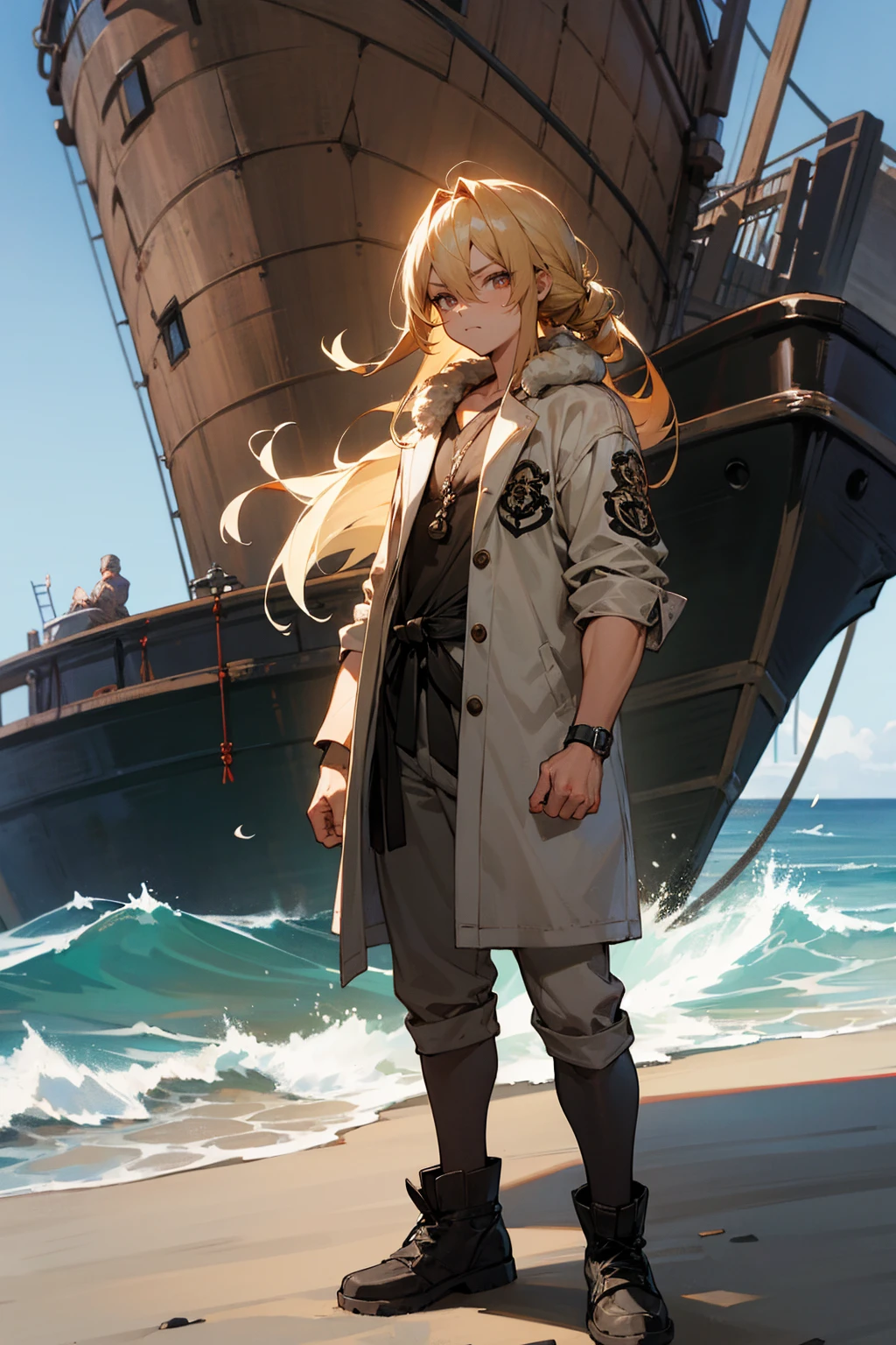 Masterpiece Quality, Perfect Generation, Sclera, Detailed Eyes, Skin, Hair, Muscular, Clothing, Calm Expression, , Ship Beach Background, Full Body, Skin, , , , facing viewer, Standing , Clothed, , Eyes, hair, , hair, hair, , , U , Male, , ,, , combat clothing, , middle aged, random color hair, random hair style, Random Eyes, Muscular, , Highlighted hair, Mink One Piece, Animal,