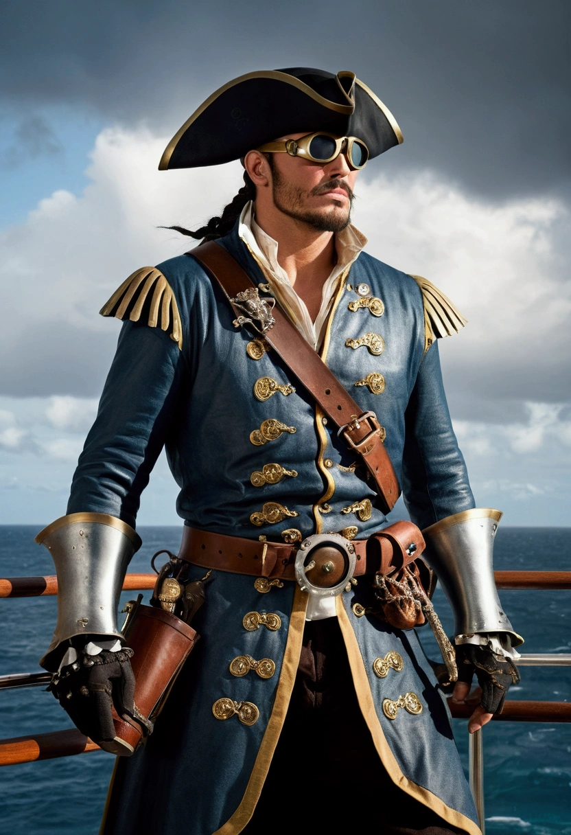 An image of an anthropomorphic pirate knight, displaying a unique and fascinating look. He is wearing binoculars, looking into the distance with a determined and adventurous air. His pirate costume is ultra-modern, combining traditional elements with a contemporary and stylized touch. The knight should have harmoniously blended human and equine features. His face should reflect equine features, such as an elongated snout and horse ears, while his body should be muscular and well-proportioned, with more human-like hands and feet. His pirate costume should be a fusion of classic and modern, with a stylized leather jacket, sturdy boots and accessories such as belts with metal buckles and a modern pirate hat. The costume may include technological elements, such as water-resistant fabrics and metallic details that enhance the look. He holds a pair of high-tech binoculars in one hand and may be in a dynamic pose, perhaps standing on the bow of a futuristic pirate ship or on a raised platform, looking out at the horizon. The knight's expression should be one of confidence and determination, reflecting his role as a leader and explorer. The background may include a seascape, with waves crashing and perhaps a view of other ships in the distance, under a dramatic sky. The lighting should highlight the details of the knight’s costume and physical features, creating a striking and captivating visual effect. The image should be of high quality, with sharp details and a composition that captures the character’s adventurous and powerful essence. Ensure that every aspect is meticulously detailed (1.2), from his exquisitely drawn face (1.2) to the vibrant gradients and tones that bring the scene to life. His eyes, full of depth and detail (1.2), should draw the viewer in, against a richly detailed background and landscape. Employ a dynamic angle (1.2) and pose (1.2), adhering to the rule of thirds (1.3) and incorporating a strong line of action (1.2) for a compelling composition. Th