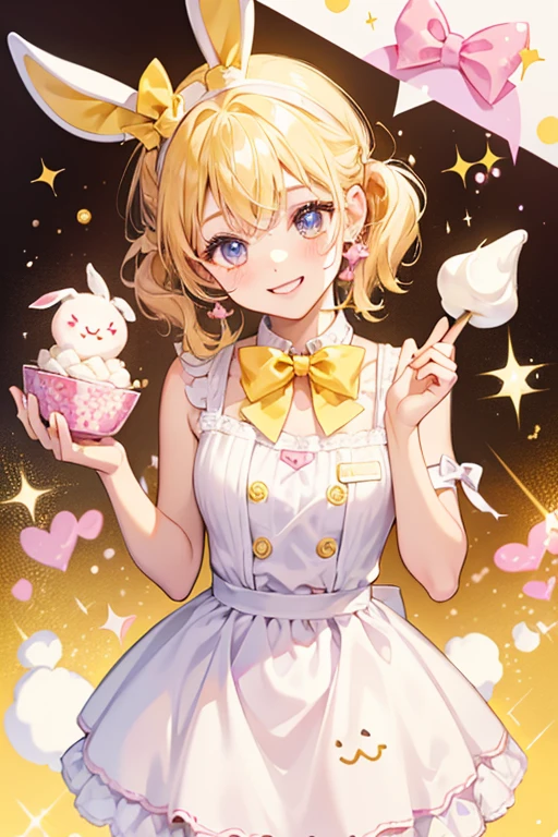A yellow GIRL bunny marshmallow with a winking face and basic smile. She wears a pink bow and has chocolate syrup dripping down her left ear. SPARKLE; GLITTER