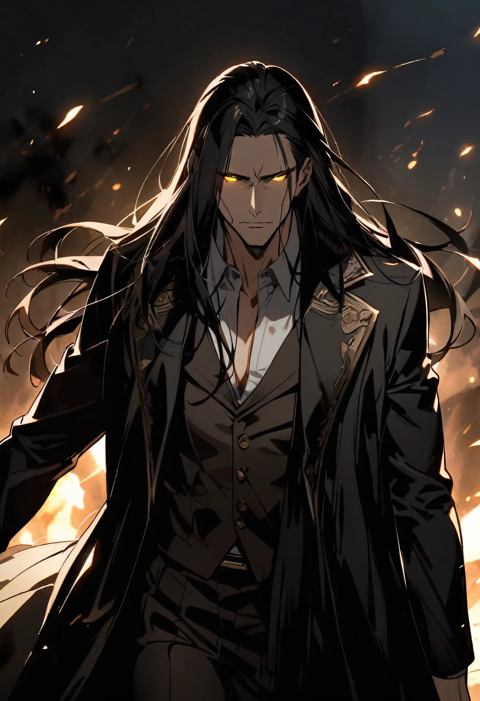 Man, long hair, golden eyes, glowing eyes, black hair, mature, handsome, black aura, Black Long coat