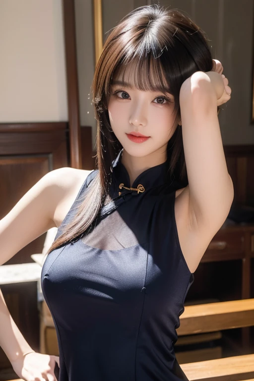 ((masterpiece、best quality))、shape、super detailed、8k、actual、sharp focus、Very detailed、professional lighting、spotlight、Colorful details、Detailed texture,A stunningly beautiful girl,Wearing a transparent cheongsam,(most suitable hairstyle:1.4)、(in the most helpful way:1.3)、(Half-length photo:1.4)、big breasts、perfect style、Body、18 years old、Smile、showing armpit