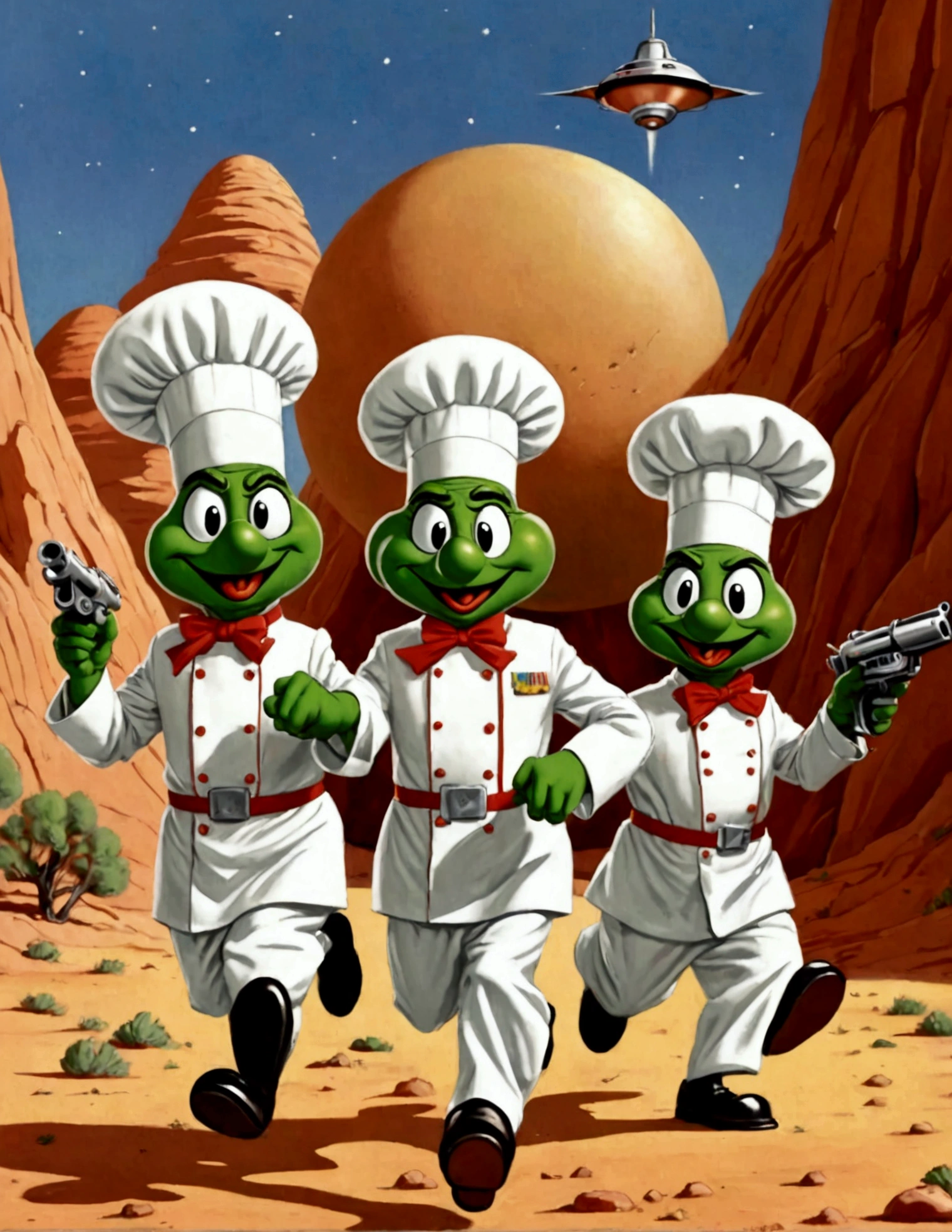 (60's american cartoons) ( The 3 stooges moe, larry, and curly dressed in chef outfits) are running from (Looney tunes Marvin the Martian, holding a ray gun), set in a huge Martian base