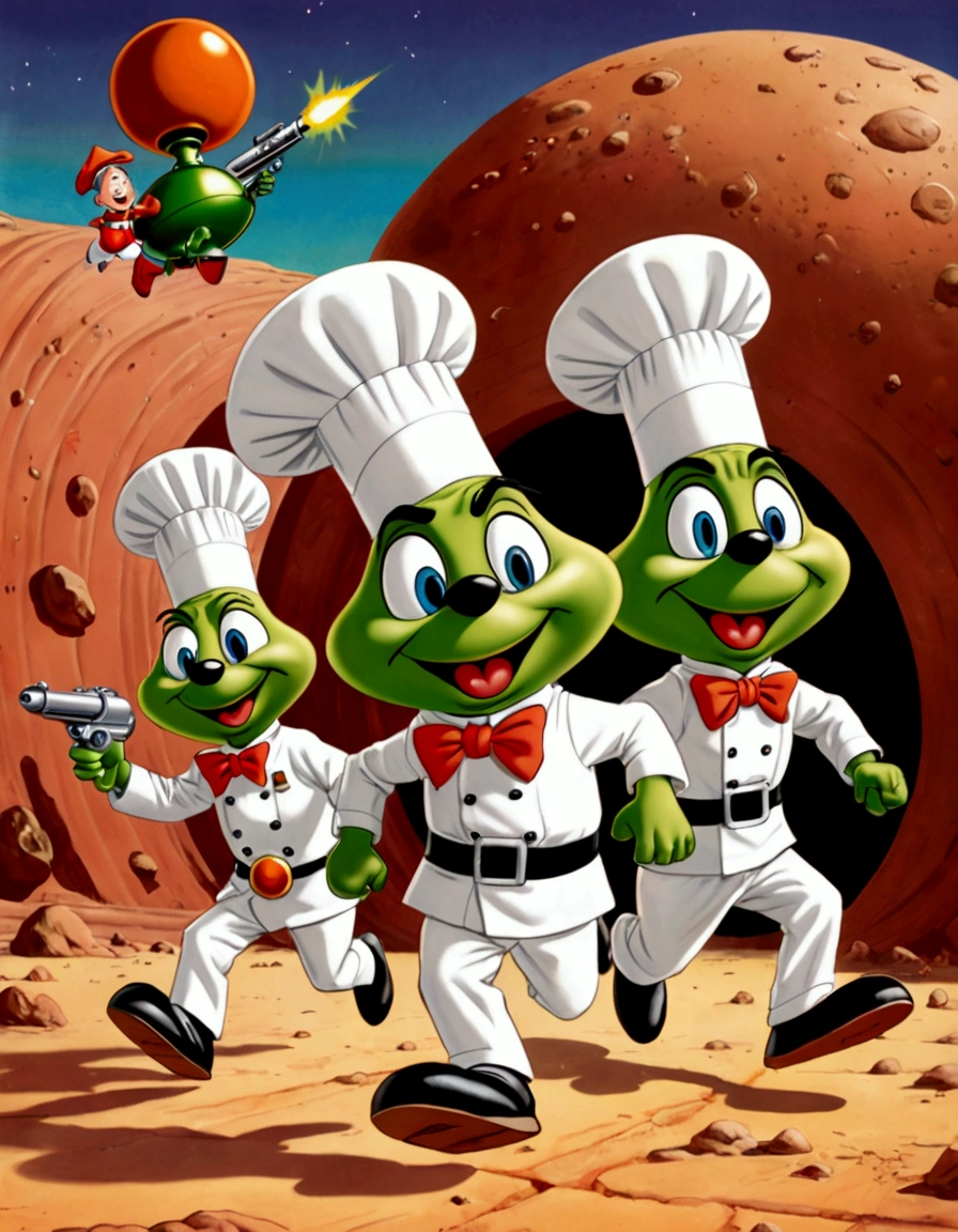 (60's american cartoons) ( The 3 stooges moe, larry, and curly dressed in chef outfits) are running from (Looney tunes Marvin the Martian, holding a ray gun), set in a huge Martian base