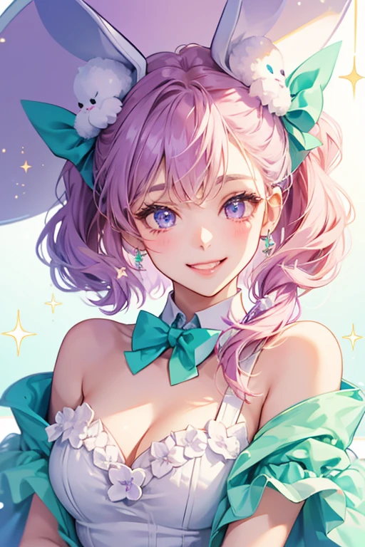 A mint, GIRL bunny marshmallow with a winking face and basic smile. She wears a violet bow and has syrup dripping down her left ear. SPARKLE; GLITTER
