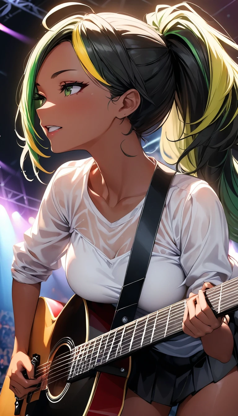 (highest quality:1.2, Very detailed, up to date, Vibrant, Ultra-high resolution, High Contrast, masterpiece:1.2, highest quality, Best aesthetics), Portraiture、girl、stage、performance、Rock Music、Bright colors、Beautiful fine details、Beautiful lip detail、long hair、ponytail, white and yellow green ((streaked hair:1.6)), highlights hair: 1.5, medium breast, (tan skin:1.1), Music band、((Playing the guitar vigorously while leaning forward:1.5)), dynamic pose、Concert Light、Edgy Style、black Skirt-style-bikini、loose fit, Dynamic Movement、hypnotic sounds、Stadium、amplifier、Loud music、Electric guiter、Gibson Les-Paul, mike stand, Powerful vocals、Passionate performance、Sparkling stage、Concert atmosphere、Music Festival、Full of emotion、Rock star attitude、Resolute expression、Avid Fan、The presence of an attractive stage、 Expressive gestures、Rock star aura、An exciting atmosphere、Sing with all your heart、An unforgettable show, (cowboy shot)