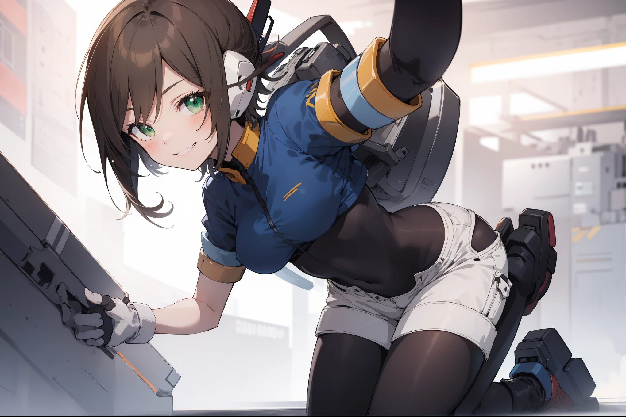 aile_megamanzx, kneeling with one hand on the ground and the other arm raised, 1girl, solo, short hair, brown hair, short sleeves, (bodysuit), robot ears, green eyes, very_short_shorts, short sleeves, short over long sleeves, smile, in futuristic city, , high quality, medium_breasts,crotch, slouch,groin