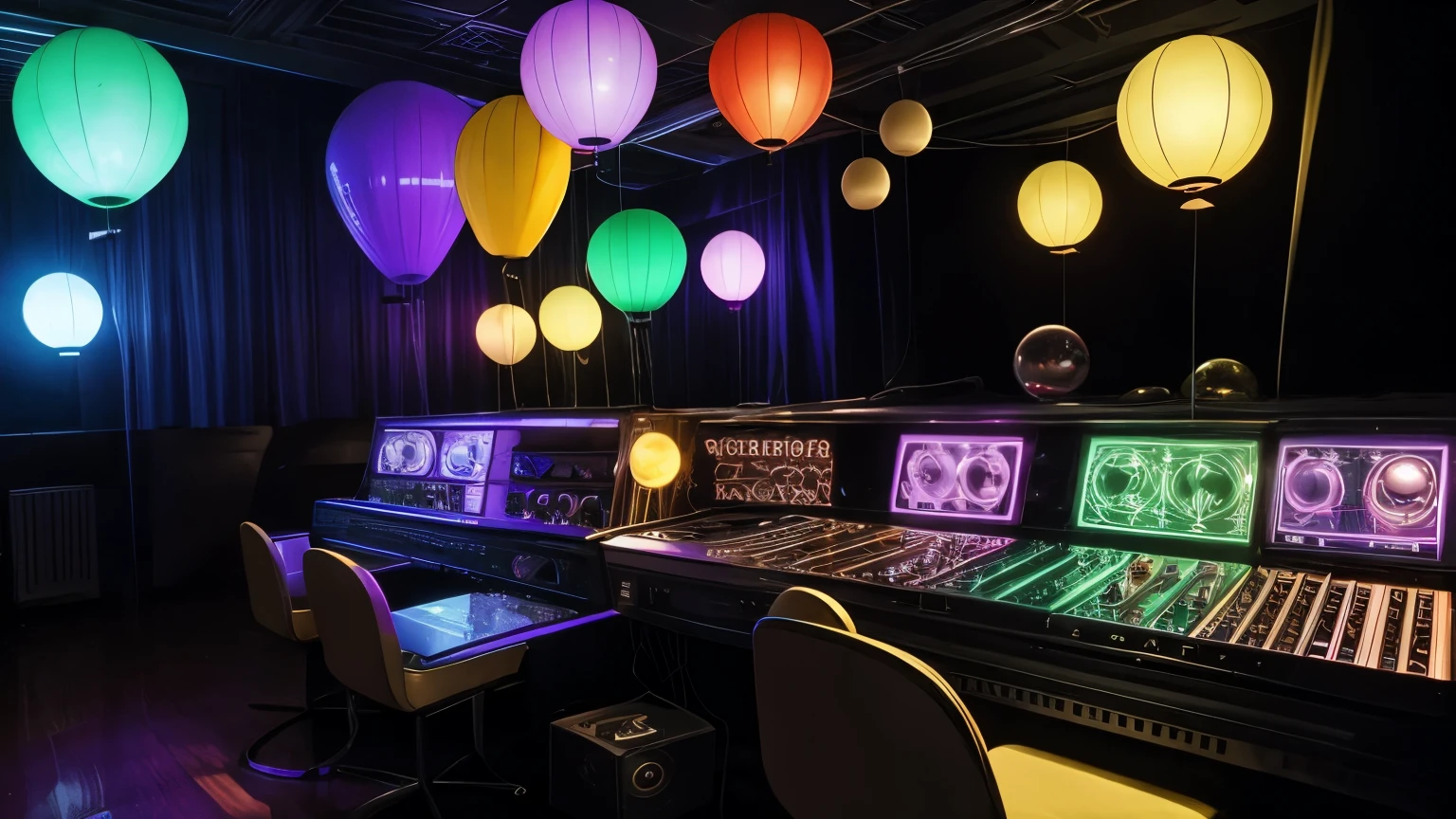 disco ambience from 70s, ROTATING BALLOONS, lights, 70s era speakers, equalizations, power amplifiers and everything that reminds us of the years , no figures no environment