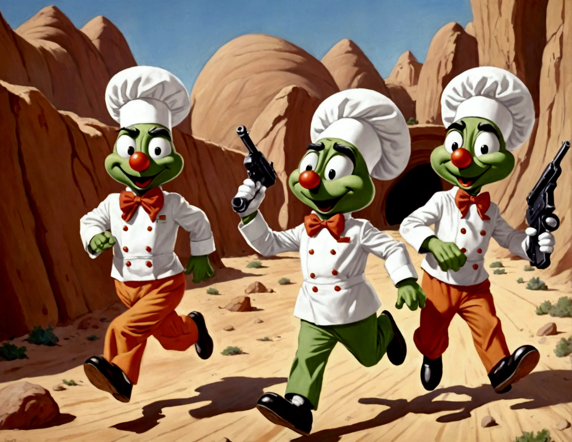(60's american cartoons) ( The 3 stooges moe, larry, and curly dressed in chef outfits) are running from (Looney tunes Marvin the Martian, holding a ray gun), set in a huge Martian base