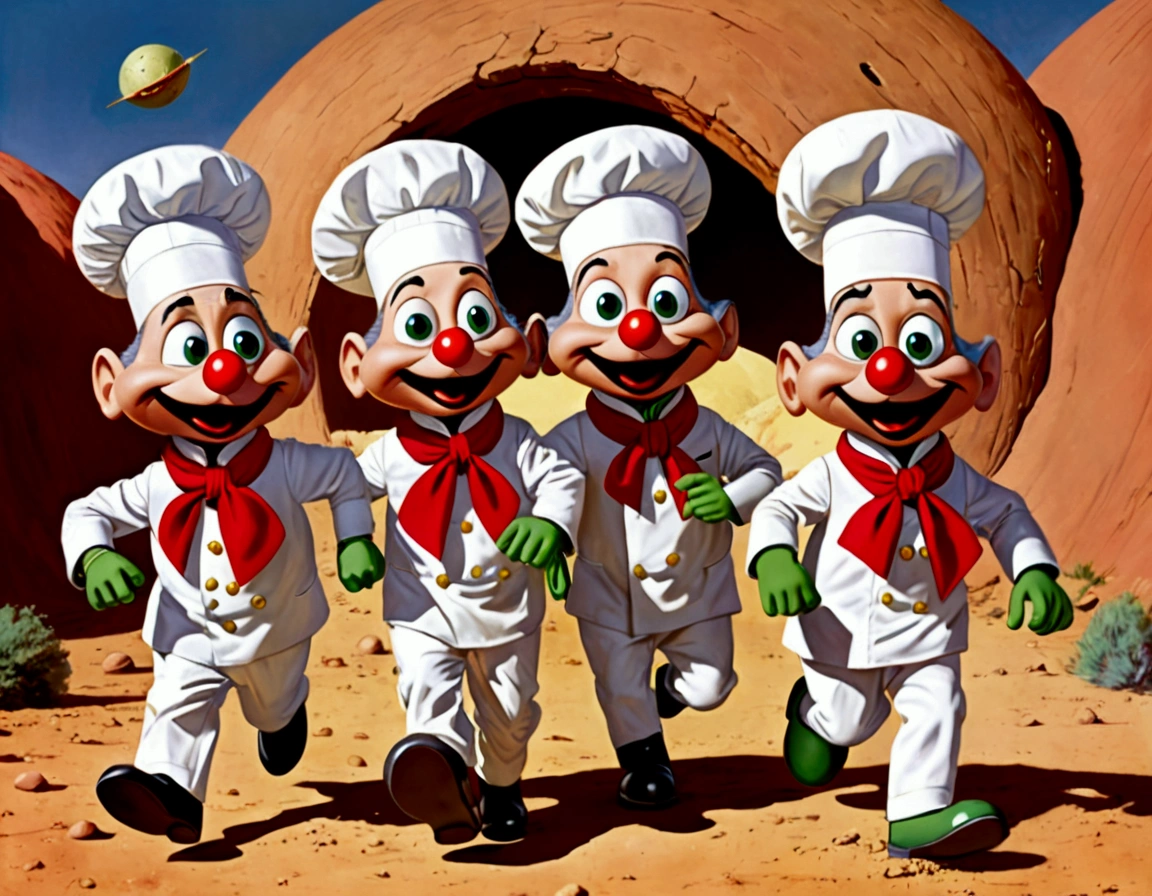 (60's american cartoons) ( The 3 stooges moe, larry, and curly dressed in chef outfits) are running from (Looney tunes Marvin the Martian, holding a ray gun), set in a huge Martian base