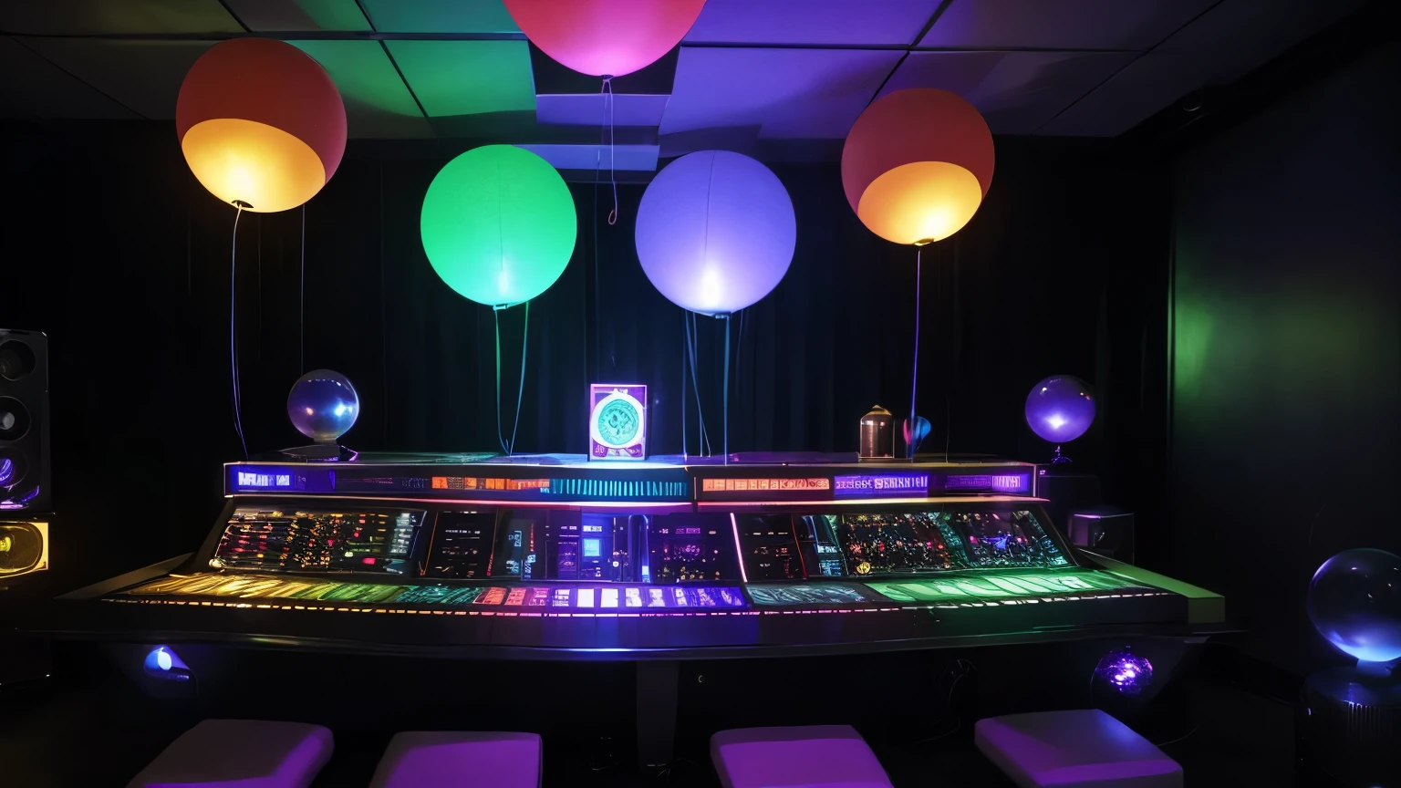 disco ambience from 70s, ROTATING BALLOONS, lights, 70s era speakers, equalizations, power amplifiers and everything that reminds us of the years , no figures no environment