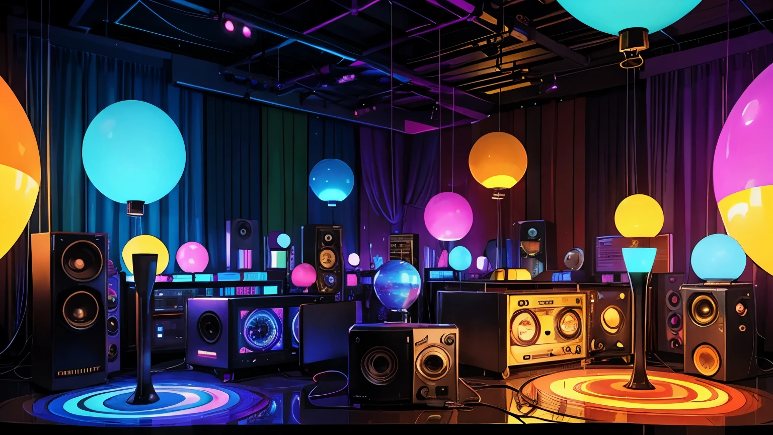 disco ambience from 70s, ROTATING BALLOONS, lights, 70s era speakers, equalizations, power amplifiers and everything that reminds us of the years , no figures no environment