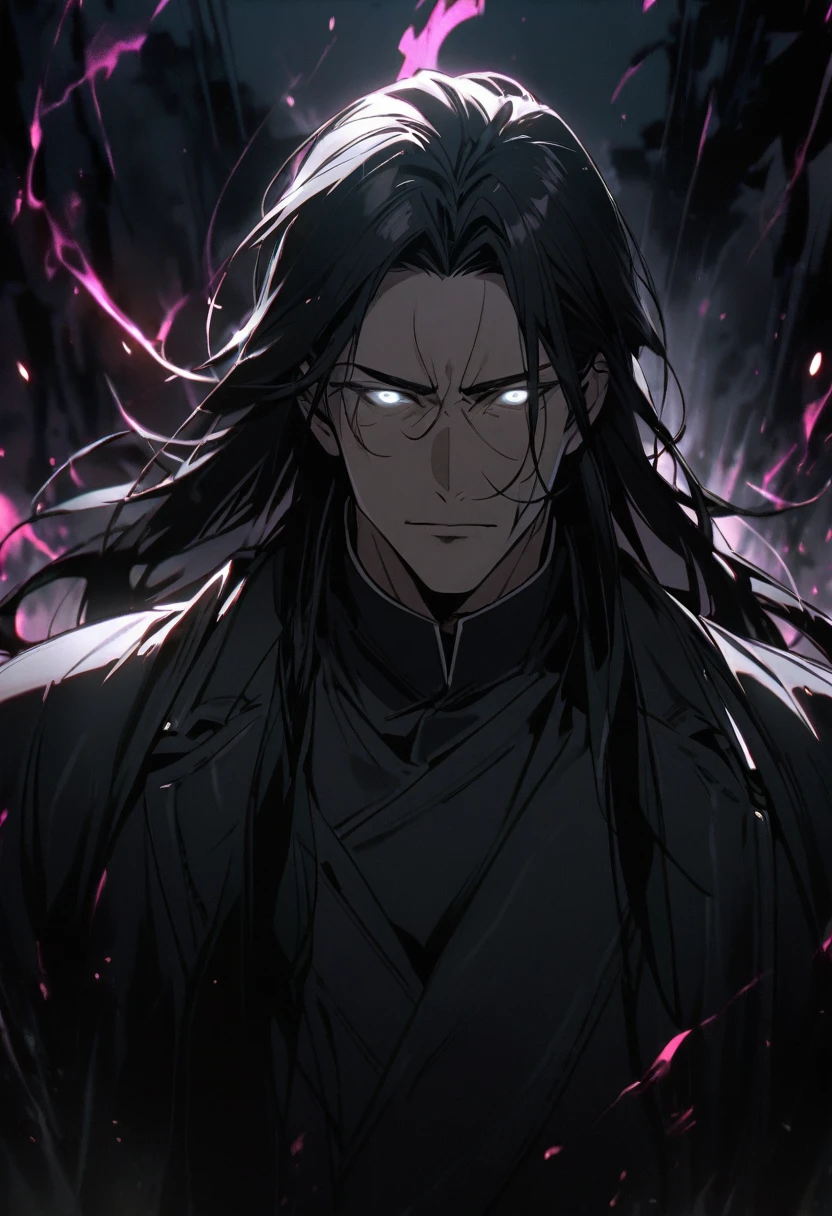 Man, long hair, black eyes, glowing eyes, black hair, mature, handsome, black aura, Black coat