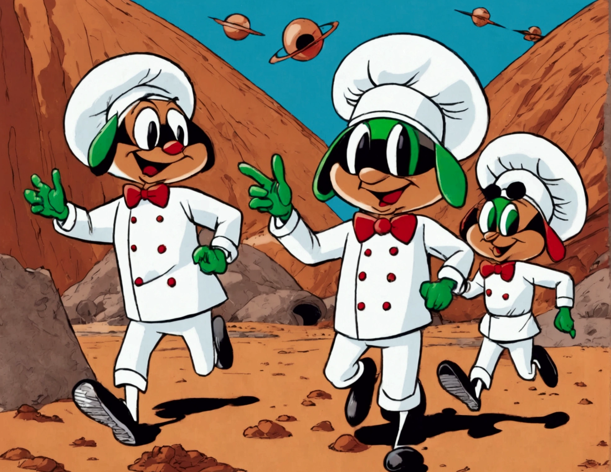 (60's american cartoons) ( The 3 stooges moe, larry, and curly dressed in chef outfits) are running from (Looney tunes Marvin the Martian, holding a ray gun), set in a huge Martian base
